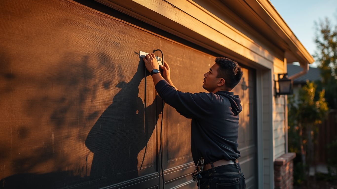 A person installing a garage door screen during sunset, showcasing the benefits of garage door screens.
